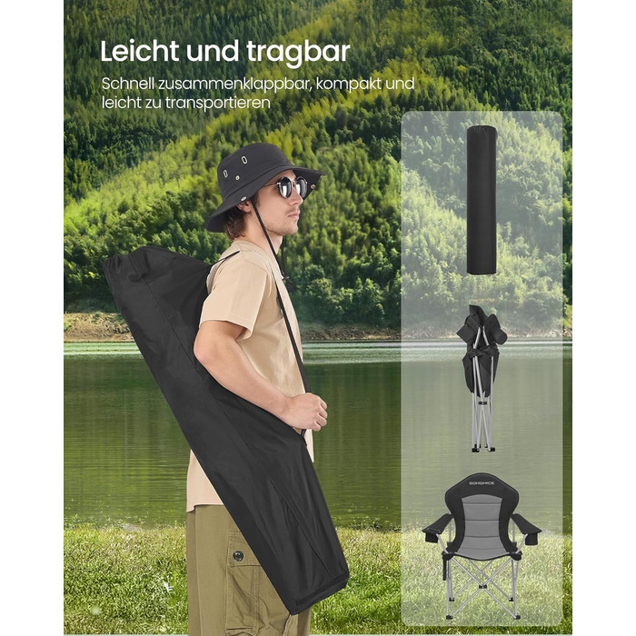 Кемпінговий стілець SONGMICS складаний, широкий, з високою спинкою, чорно-сірий GCB005BH01 - для пікніка, відпочинку на природі, з підсклянником та органайзером
