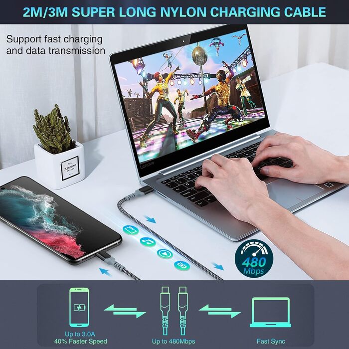 Зарядний пристрій USB 33W QC 3.0, 4 порти + 2 кабелі USB-C (2м/3м) для Samsung Galaxy, iPad Pro, LG, Sony - чорний/білий