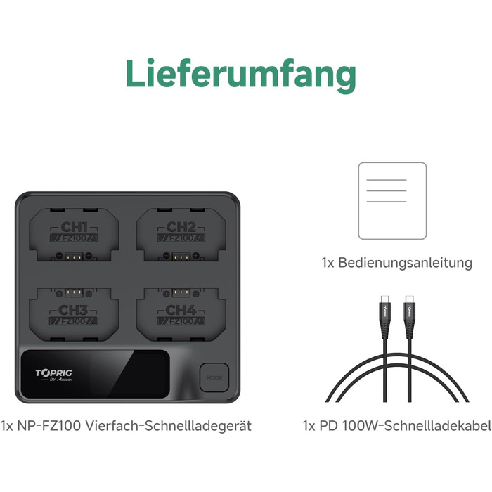 Зарядний пристрій Toprig BC02 для акумуляторів Sony NP-FZ100 з USB-C PD 60W, LCD-дисплеєм та моніторингом заряду в реальному часі