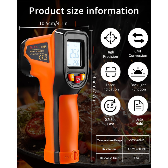 Інфрачервоний термометр цифровий -50°C～600°C: інструмент для вимірювання температури з лазерним цілевказівником та LCD дисплеєм (не для вимірювання температури тіла людини)