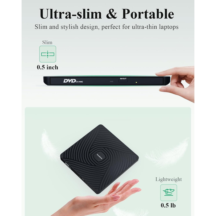 Зовнішній DVD-накопичувач PeroBuno USB 3.0 Type-C, CD ROM +/-RW оптичний привід, ультратонкий DVD-записувач та плеєр для ноутбука, PC, MacBook (Windows, Linux, macOS)