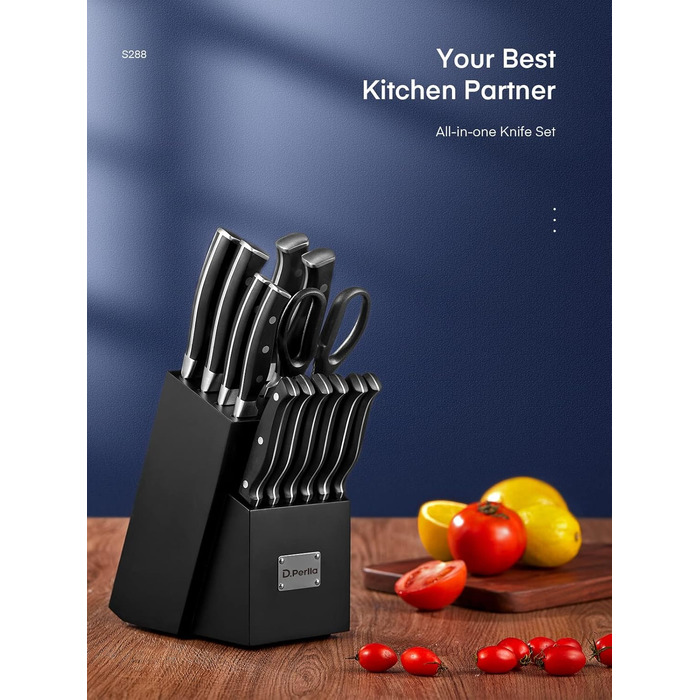 D.Perlla Self-Sharpening Knife Block Set - 14 Piece Stainless Steel Knife Set with Plastic Handle & Wood Block - Professional Kitchen Knife Set