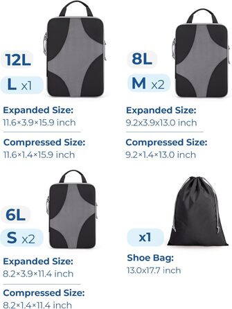 BAGSMART Набір органайзерів для одягу 6 шт. - компресійні кубики для подорожей, валізи, рюкзака, з мішком для білизни