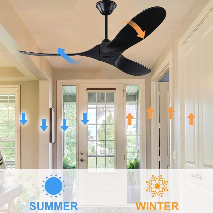 Чорний стельовий вентилятор з дерева (132 см) з пультом керування, тихий, для вологого приміщення