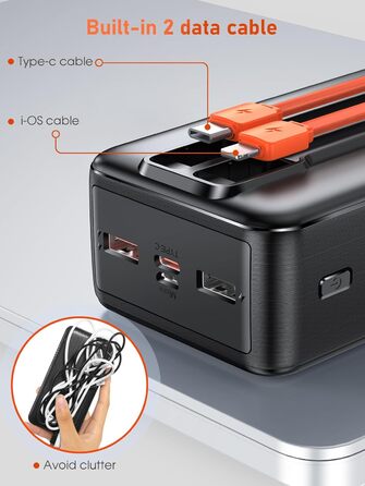 Power Bank 50000mAh з кабелем, швидка зарядка USB-C PD20W/QC22.5W, LED-індикатор, 2 входи/5 виходів, для телефонів, планшетів, подорожей, кемпінгу - Чорний