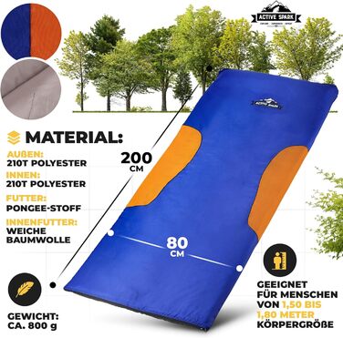 Сплячий мішок ACTIVE SPARK - зимовий, 3 сезони, літній, водовідштовхувальний, дихаючий, з кишенею для грілки, для кемпінгу, блакитний/помаранчевий