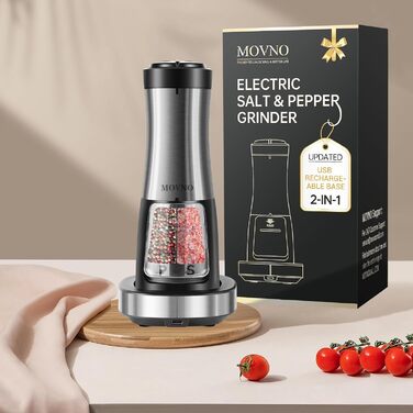 Електрична 2-в-1 сільничка та перечниця MOVNO з акумулятором, LED-підсвіткою, регульованим помелом і зарядною станцією, автоматичний млин для спецій, управління однією рукою