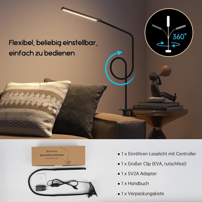 Стійка лампа Aisutha для столу з LED, 3 кольори, 10 рівнів яскравості, регульована, захист очей, для офісу, кабінету та майстерні (чорний)