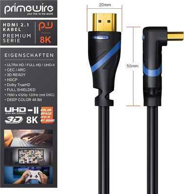 HDMI кабель 8K 2.1 з кутовим роз'ємором 90° - 3 метри - підтримка 8K@60Hz, DSC, HDR, eARC, VRR, Dolby Vision