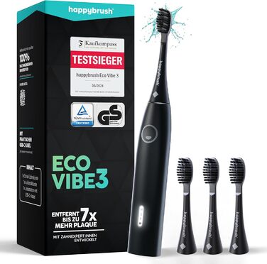 Електрична звукова зубна щітка happybrush® Eco Vibe 3 - Тест-переможець - 100 днів тестування. В комплекті 4 насадки. Чорний колір.