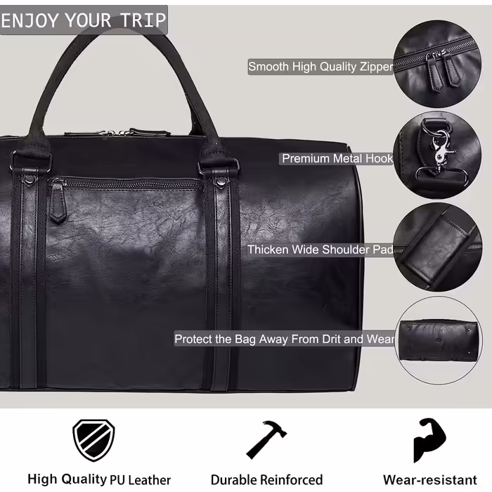 Seyfocnia PU Leather Travel Bag, Black, Extra Large, Duffelbag, Waterproof, Carry-on, Weekend or Business Trip, Unisex