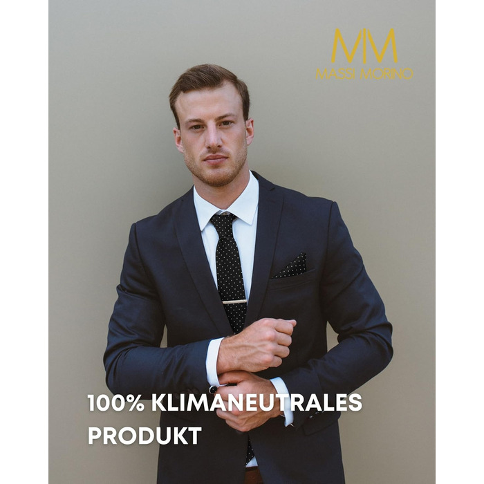 Комплект краватки Massi Morino з нагрудною хустинкою, запонками та затискачем для краватки в подарунковій коробці - Чорна краватка в крапку для весілля