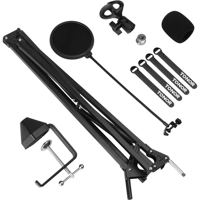 TONOR Тримач для мікрофона T20 (Великий) з регульованим штативом, поп-фільтром та адаптером 3/8' - 5/8'