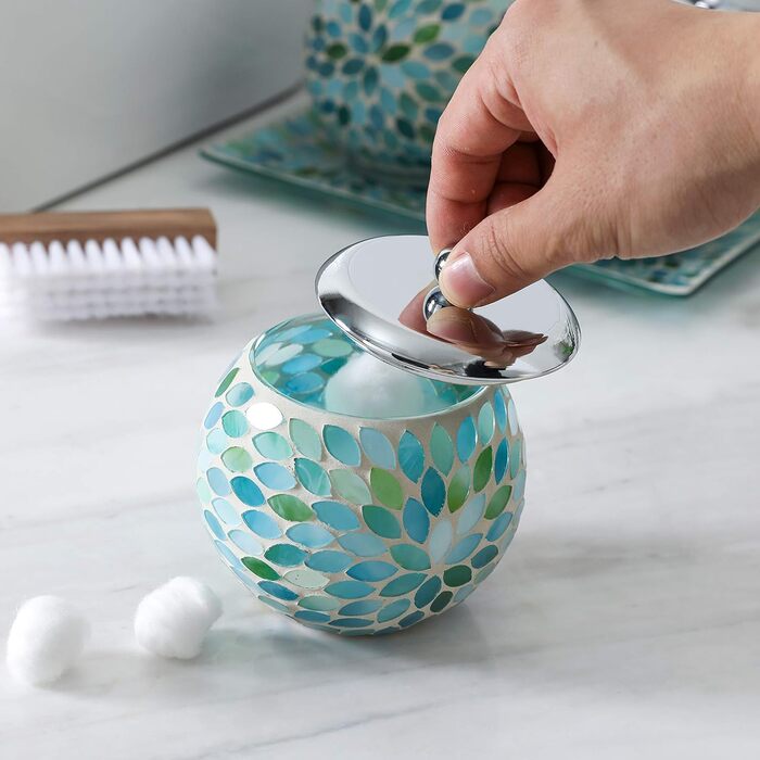 Набір аксесуарів для ванної кімнати KMWARES з мозаїчного скла, 4 шт. (диспенсер для мила, стакан для зубних щіток, піднос для косметики), блакитний, зелений, білий