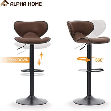 Alpha Adjustable Height Bar Stools 2-Pack - Swivel PU Leather Kitchen Bar Chairs with Footrest - 160KG Capacity (Brown)
