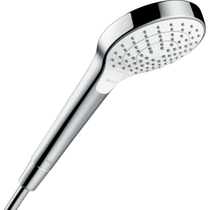 hansgrohe Croma Select S - Showerhead, Hand Shower with 3 Spray Patterns, Round Showerhead (110 mm), Showerhead with Anti-Limescale Function, White/Chrome, 26802400 (3 water-saving spray patterns, 9l/min)