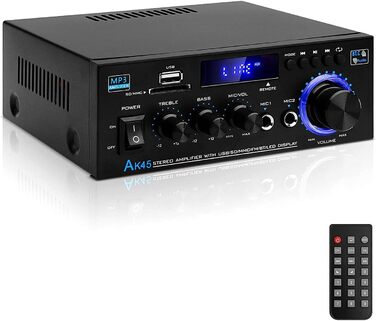 HiFi підсилювач AK45 Mini Bluetooth стерео, 2-канальний, 400 Вт, цифровий аудіо підсилювач з FM-радіо, SD/USB, для дому та авто