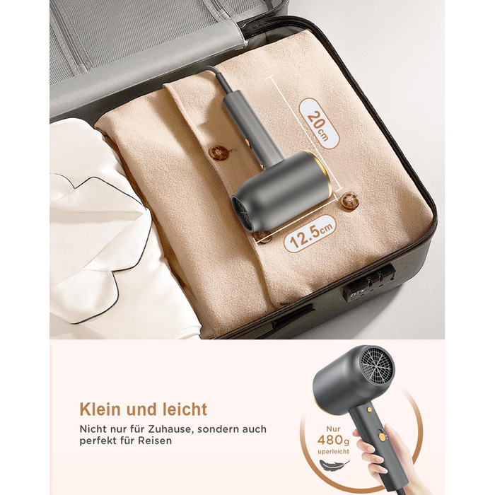 Іонний фен з насадкою-дифузором DEWILY 1800W, Швидке сушіння, Кнопка холодного/гарячого повітря, Термостат, 3 температури, 2 швидкості, Концентратор, Фен для локонів (Чорний+Золотий)