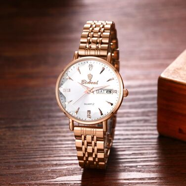 Жіночий годинник JewelryWe Rosegold: аналоговий кварцовий годинник зі сталевим браслетом, водонепроникність 30м, календар, підсвічування стрілок та гранійним склом (Рожеве золото - Білий)