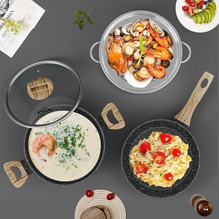 Набір посуду HOMELUX Induktion: 12 предметів, алюміній, антипригарне покриття, з кришками, без PFOA/PFOS, чорний