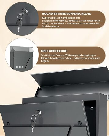 Поштовий ящик Anthrazit з нержавіючої сталі з відділенням для газет (37x37x10 см), персоналізований з табличкою для імені, стійкий до погодних умов, наклейки проти небажаної реклами, настінний поштовий ящик