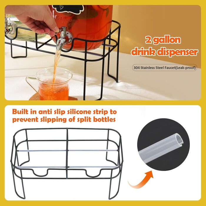 2 x 4-літрові диспенсери для напоїв зі стійкою, скляні диспенсери для напоїв з нержавіючою сталею, для газованої води, лимонаду, домашніх напоїв, вечірок, свят