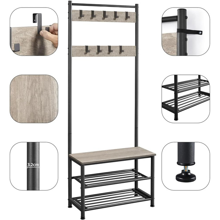 Yaheetech Clothes Rack Wardrobe Clothes Rack with 3 Shelves, Shoe Shelves, Wardrobe Hooks, Height 184.5cm, Width 72.5cm, Depth 33cm, for Bedroom/Dressing Room/Living Room/Storage Room Grey