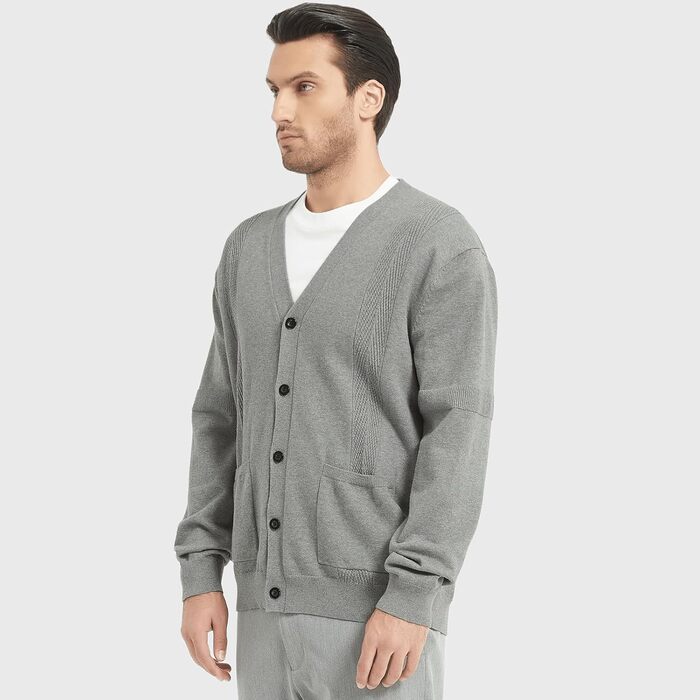 Чоловічий кардиган з в'язаного полотна, V-подібний виріз, бавовна, з ґудзиками та кишенями (сірий, M)