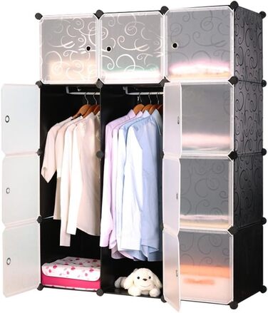 HENGMEI DIY Closet Wardrobe Storage Shelf System Shelf System 12-Cube Organization System Shoe Cabinet Closet with Door (Black)