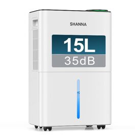 Електричний осушувач повітря SHANNA 15л/24год для приміщень до 35м², з таймером та дренажним шлангом (тихий 35дБ, R290) для дому, підвалу та кемпера