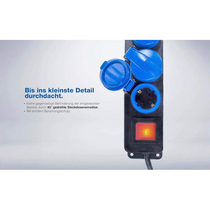 Розподільник розеток Schwabe 3-fach з вимикачем, заземленням, кришкою, 1.5 м, для зовнішнього використання, 230V, 16A, IP44, чорний, синій