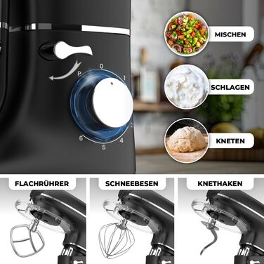 Кухонна машина з машиною для пасти – 2000W, електрична – з нержавіючою чашею 6.2L (чорна)