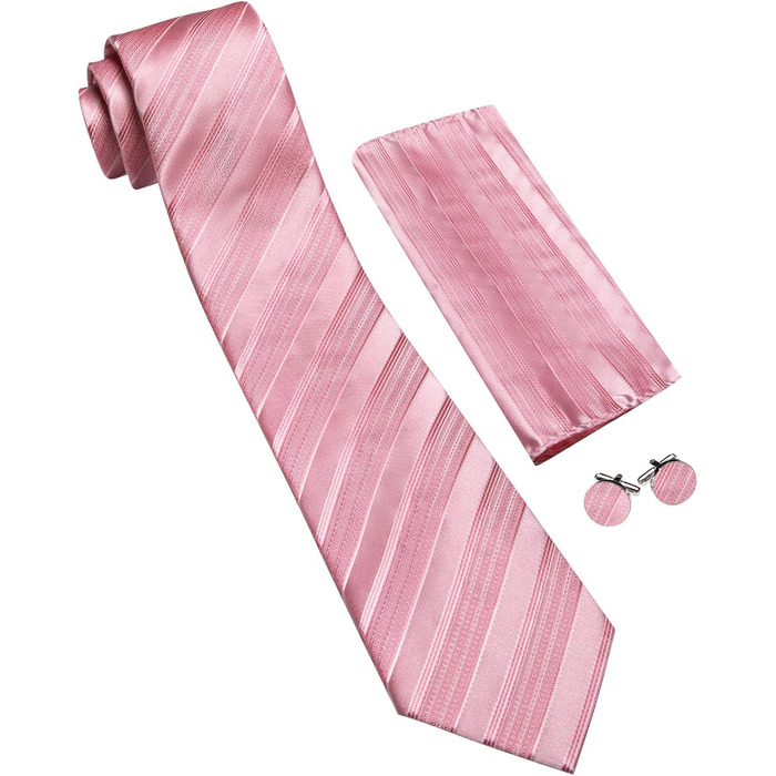 Краватка з хустинкою та запонками Barry.Wang для ділового стилю, набір у смужку та клітинку, для свят та весілля (рожеві смуги)