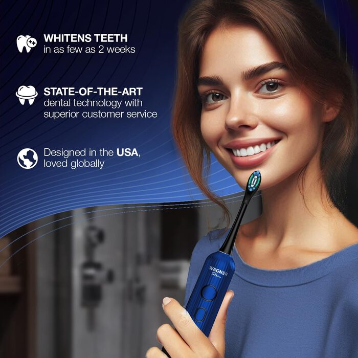 Електрична зубна щітка Wagner Stern VibroWave Plus: Звукова, з вібрацією та 4 насадками, водонепроникна IPX7, блакитна