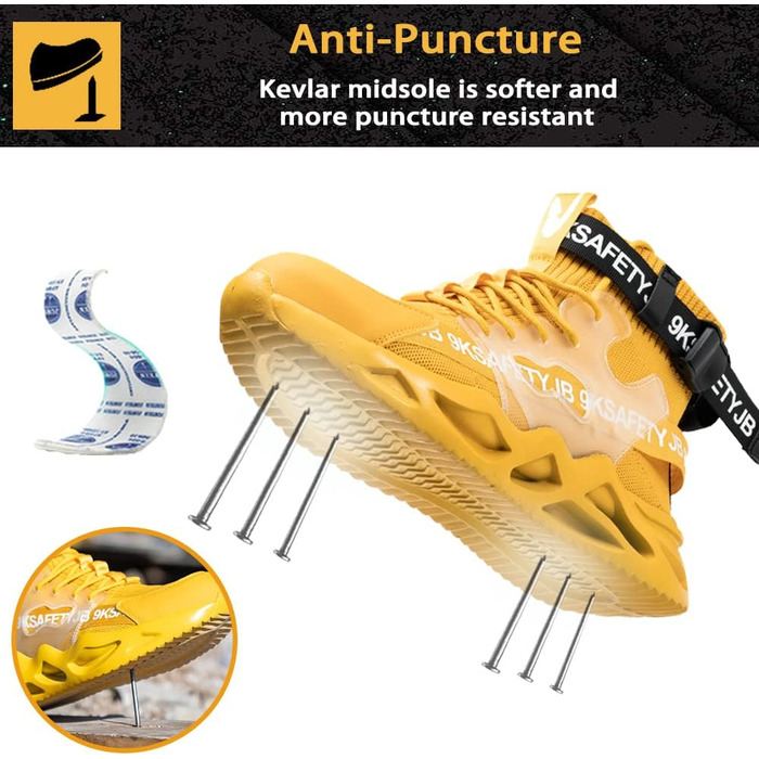 Черевики безпеки Nasogetch для чоловіків та жінок. Легкі, дихаючі, антиковзкі спортивні черевики з металевим підноском, жовті, 39 EU