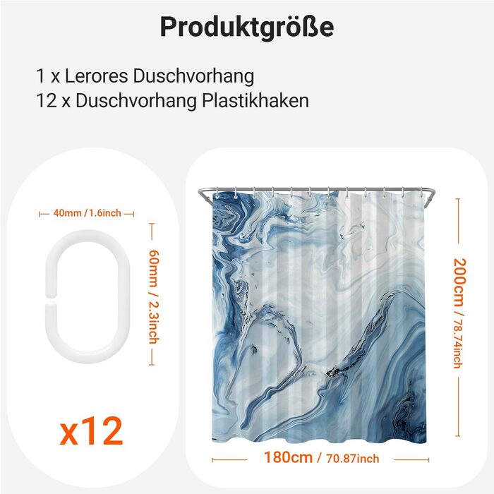 Штора для душу 180x200 см з утяжеленим краєм, антигрибкова, водовідштовхувальна, поліестер, з кільцями (Блакитний градієнт мармуру)