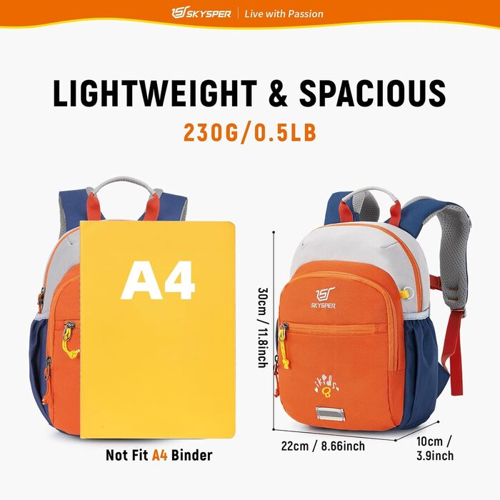 Дитячий рюкзак SKYSPER 8L для хлопчиків та дівчаток, рюкзак для прогулянок та повсякденного використання, з нагрудним ременем, ідеальний подарунок, апельсиновий