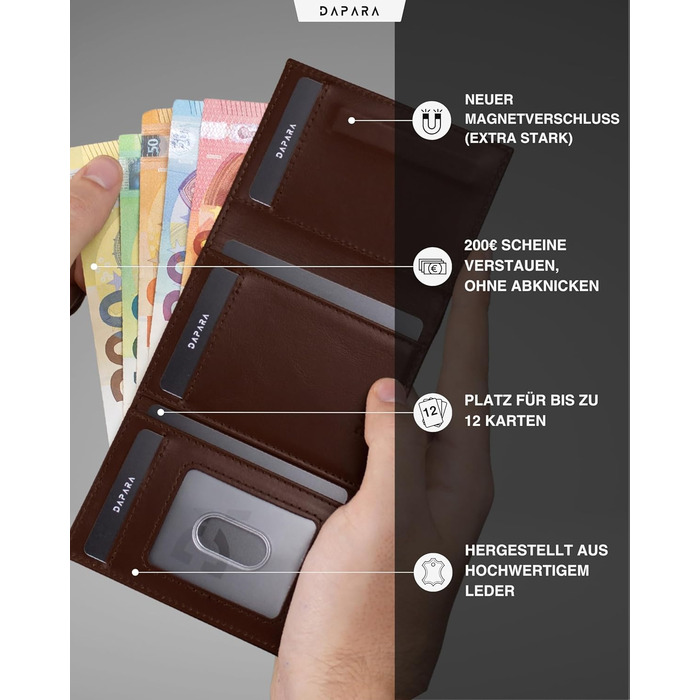 Чоловічий гаманець DAPARA з RFID-захистом | Тонкий гаманець для чоловіків з відділенням для монет | Гаманець-картхолдер на 12 карт | Коричневий гаманець Espresso Mini з натуральної шкіри