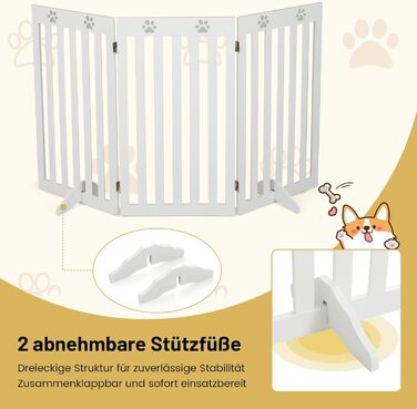 Захисний бар'єр для собак Costway 89 см, дерев'яне огорожа, дитяче ворота, розкладне, для захисту сходів, гнучкий бар'єр (3 панелі, білий)
