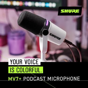 Мікрофон Shure MV7+ Gen 2 для подкастів, стрімінгу та запису – білий. USB/XLR, LED-сенсор, авто-регулювання рівня, цифровий поп-фільтр
