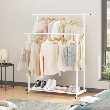 Clothes Rack with Double Rod, Rolling Clothes Rack, Portable Clothes Rack for Bedroom, Living Room, Clothing Store, (White)