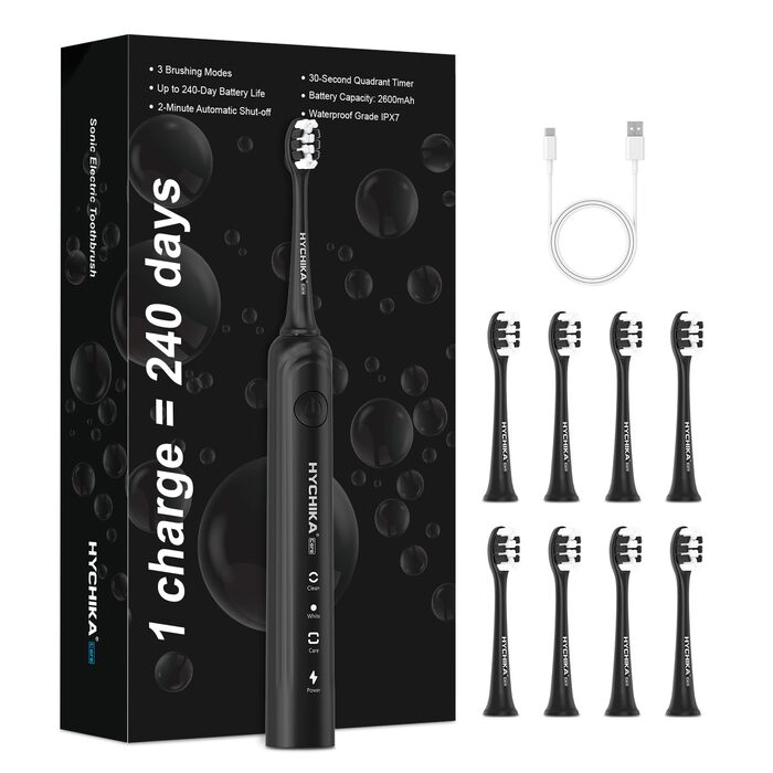 Електрична зубна щітка для дорослих з акумулятором 240 днів, 8 насадок, 3 режими, таймер 2 хв, IPX7 водонепроникна, чорна