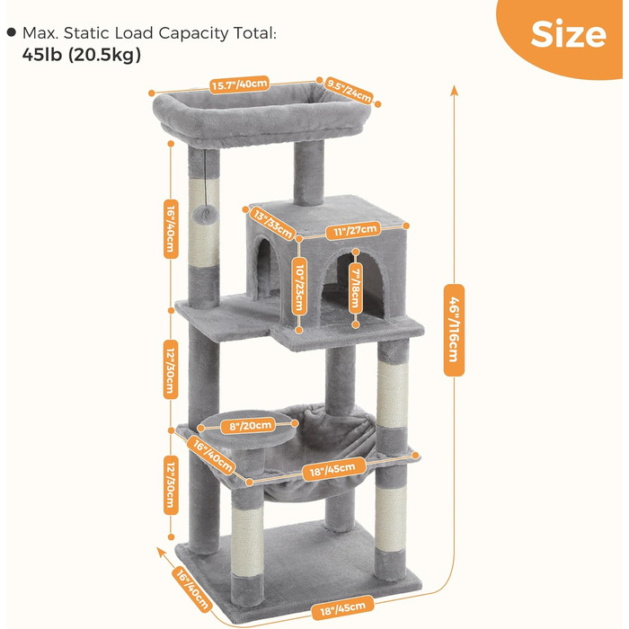 Комплекс для котів PAWZ Road з гамаком, будиночком та сходами, сірий, 116 см