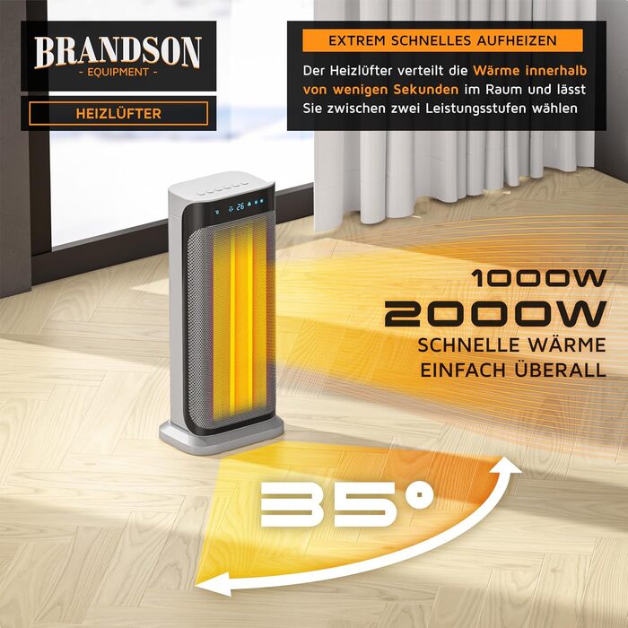 Керамічний обігрівач Brandson 2000 Вт з дистанційним керуванням, енергоощадний, тихий, для ванної, з осциляцією, срібний, сертифікат GS, переможець 2024