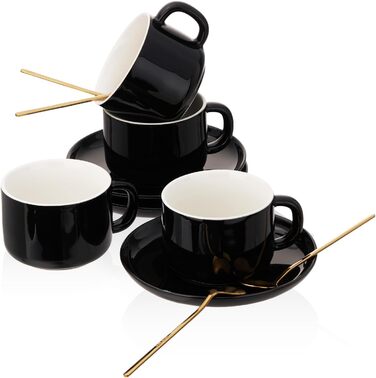 Набір кавових чашок і блюдець з ложками, 4 шт., 220 мл, кераміка, чорний колір. Чашки капучіно для чаю та еспресо