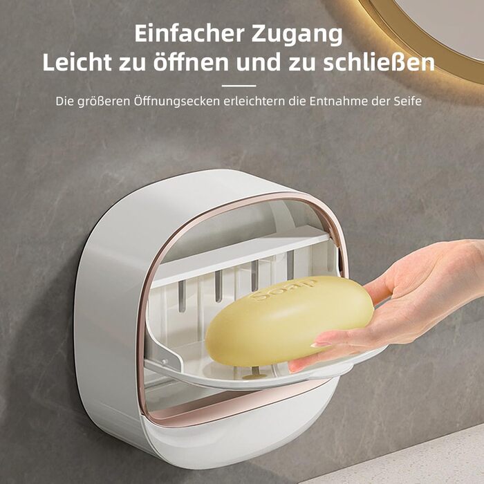 Настінний диспенсер для мила з кришкою-відкидним механізмом, піддон для стікання води, водонепроникний мильниця без свердління, самоклеюча мильниця для ванної, кухні, душу, школи, спортзали (білий)