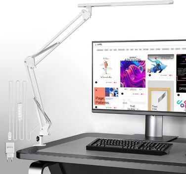 Лампа для робочого столу в офіс, кріпиться на стіл, архітекторська лампа з адаптером QC3.0, лінза Френеля, 5 режимів кольору та регулювання яскравості, лампа-прищіпка з функцією пам'яті, біле освітлення