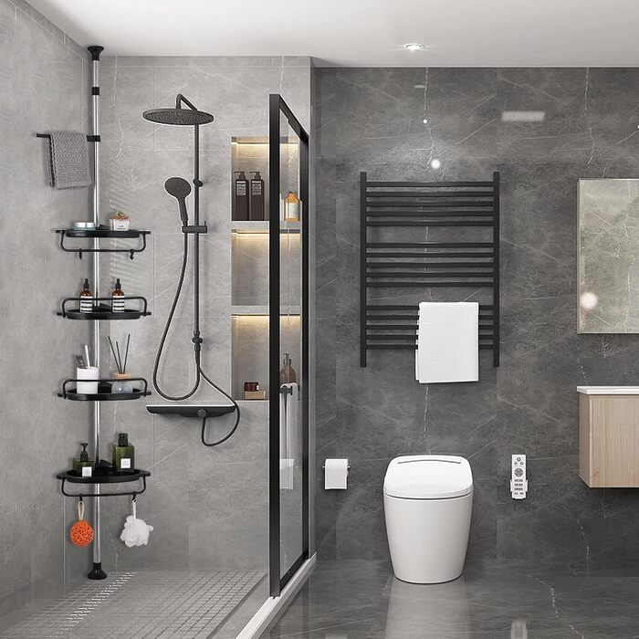 GRICOL Adjustable Height Shower Shelf No Drilling Corner Shelf Stainless Steel Corner Shelf Bathroom Shelf with 4 Baskets and 1 Towel Holder for Bathtub and Bathroom, Rustproof, 95-305CM, Black