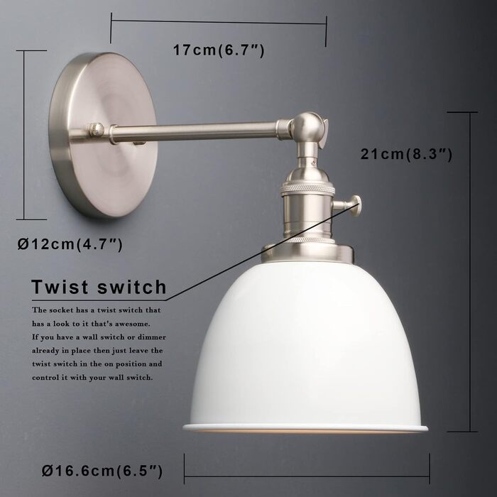 Phansthy 2 Pack Wall Sconce with Metal Shade Wall Lamp Industrial Design, Indoor Vintage Loft Wall Lamp E27 max. 40W for Living Room Bedroom Office Kitchen Hallway (White)