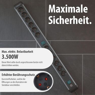 Бренненштуль Преміум-Алю-Лайт Розподільник розеток 12-фазний з алюмінію (багаторозетова панель з 2 вимикачами та 3м кабелем, Made in Germany), Нова версія Single